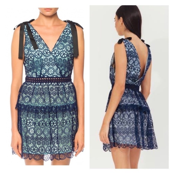 NWT SELF-PORTRAIT Blue Guipure Lace Tie Shoulder Tiered Mini Dress Size 00 - Picture 1 of 13